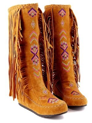 Bohemian Round Toe Embroidered Faux Suede Knee-High Fringe Boots - Image 7