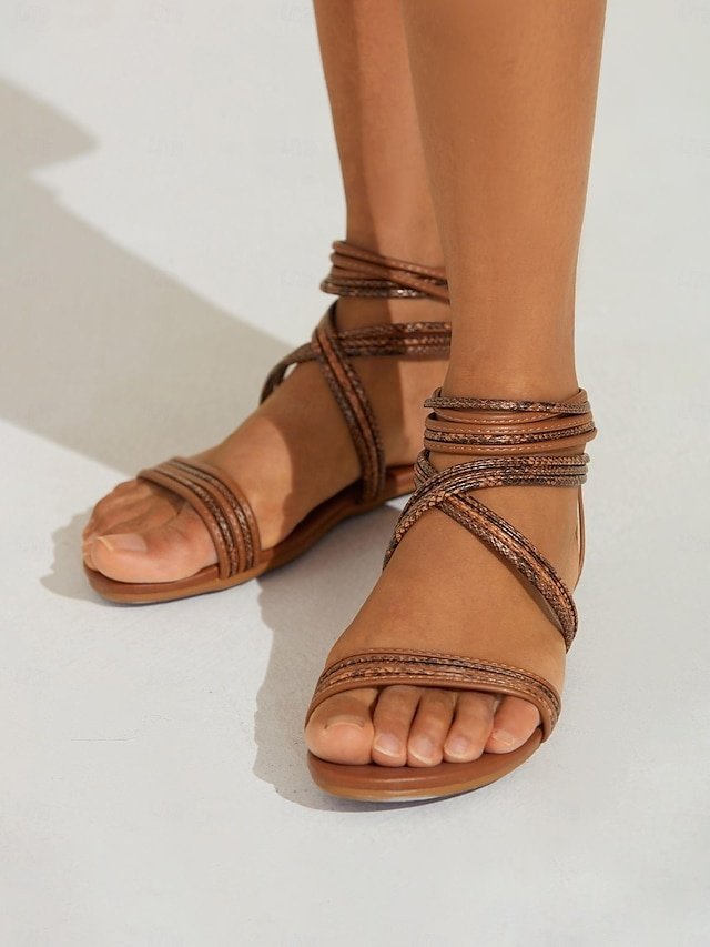 Boho Beach Braided Strap Tan Flat Sandals - Image 2
