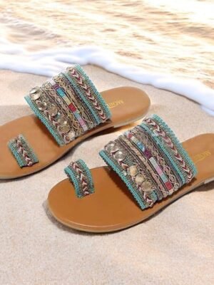 Boho Beaded Colourful Strap Toe Ring Open-Toe Sandals - Image 6