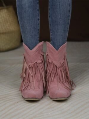 Boho Chic Pink Suede Fringe Ankle Western Boots - Image 2