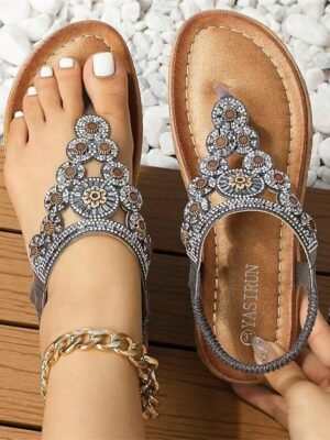 Boho Flat Floral Rhinestone T-Strap Sandals - Image 1
