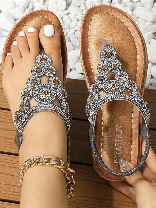 Boho Flat Floral Rhinestone T-Strap Sandals - Image 1