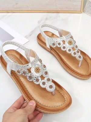 Boho Flat Floral Rhinestone T-Strap Sandals - Image 11