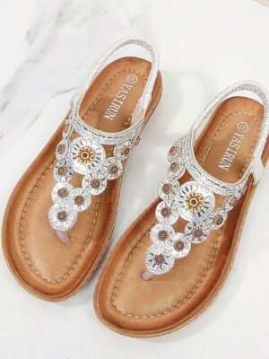 Boho Flat Floral Rhinestone T-Strap Sandals - Image 12