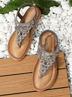 Boho Flat Floral Rhinestone T-Strap Sandals - Image 2