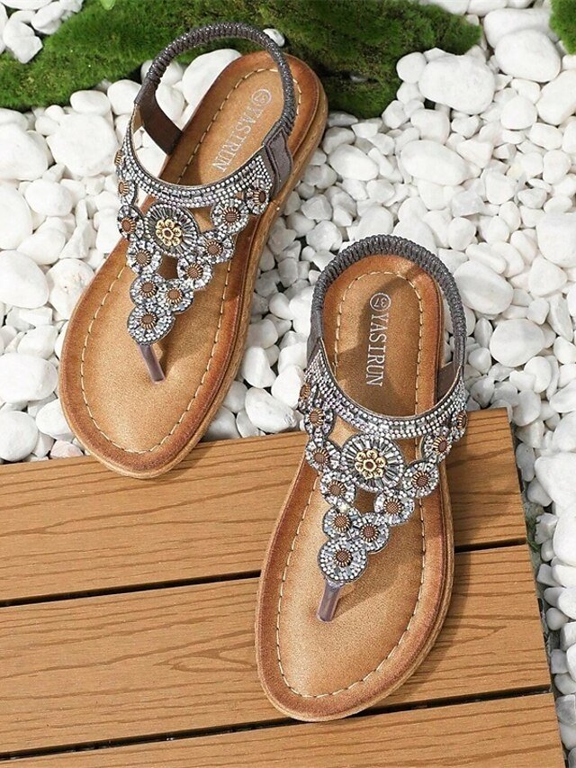 Boho Flat Floral Rhinestone T-Strap Sandals - Image 2