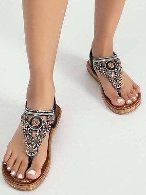 Boho Flat Floral Rhinestone T-Strap Sandals - Image 9