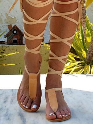 Boho Flat Strappy Lace-Up Knee-High Gladiator Sandals - Image 5