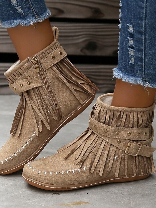Boho Flat Suede Fringe Round Toe Ankle Boots - Image 1