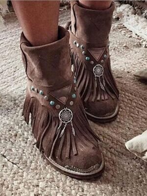 Boho Fringe Pointed Toe Ankle Boots with Charm - Image 1