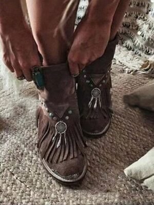 Boho Fringe Pointed Toe Ankle Boots with Charm - Image 2