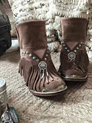 Boho Fringe Pointed Toe Ankle Boots with Charm - Image 3