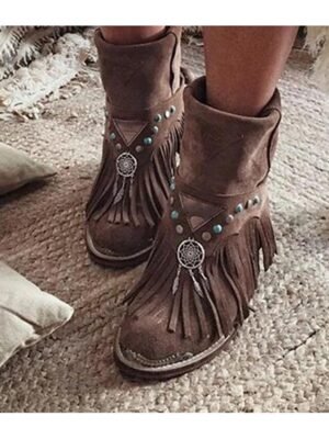 Boho Fringe Pointed Toe Ankle Boots with Charm - Image 4