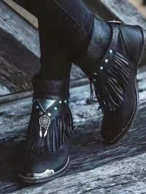 Boho Fringe Pointed Toe Ankle Boots with Charm - Image 6