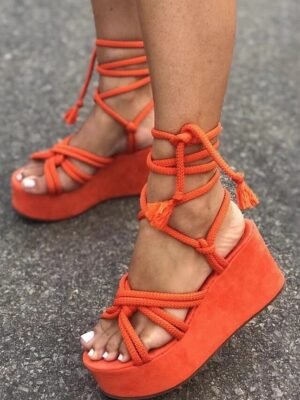 Boho Platform Rope Lace-Up Wedge Sandals - Image 1