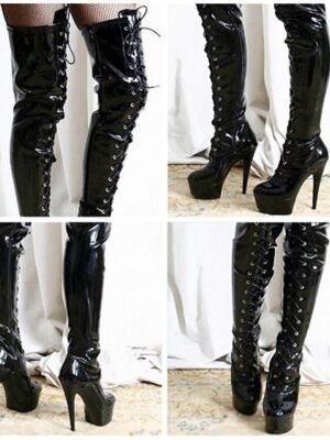 Bold Black Patent Leather Thigh-High Lace-Up Platform Boots - Image 2