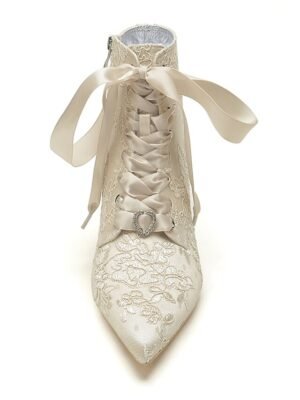Bridal Floral Embroidered Lace-Up Satin Booties - Image 5