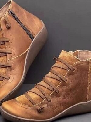 Casual Ankle Brown Leather Round Toe Boots - Image 5