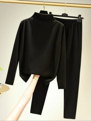 Casual Basic Black Crew Neck Long Sleeve Bottoming Shirt Set - Image 2