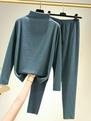 Casual Basic Black Crew Neck Long Sleeve Bottoming Shirt Set - Image 3