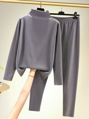 Casual Basic Black Crew Neck Long Sleeve Bottoming Shirt Set - Image 8