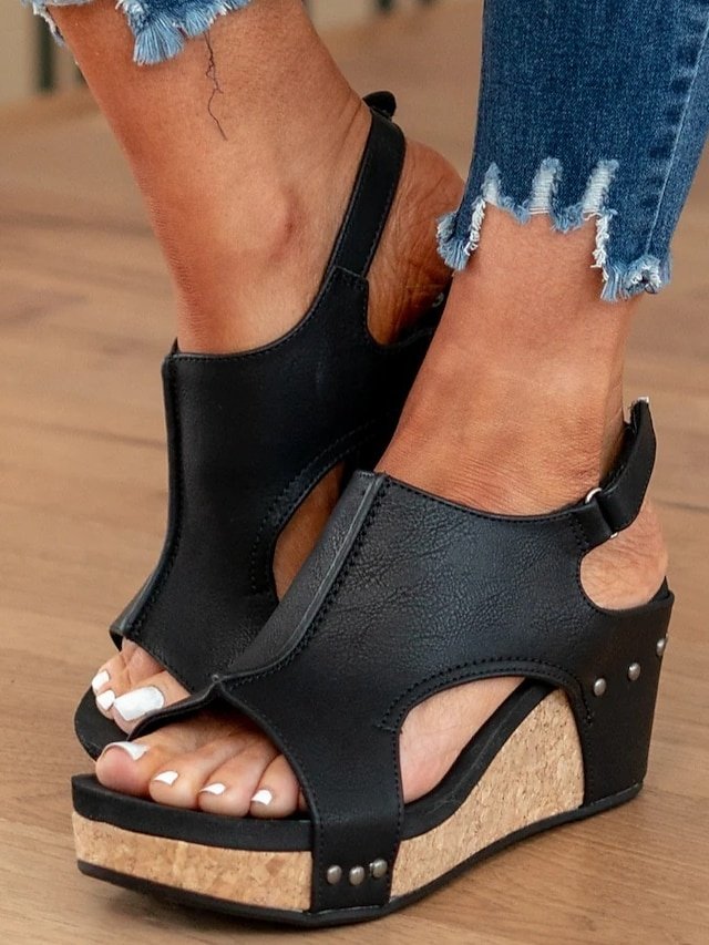 Casual Black Slip-On Rivet Open-Toe Cork Wedge Sandals - Image 2
