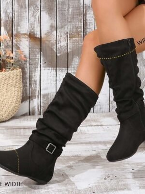 Casual Black Slouchy Buckle Mid-Calf Flat Heel Boots - Image 2