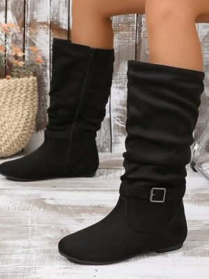 Casual Black Slouchy Buckle Mid-Calf Flat Heel Boots - Image 3