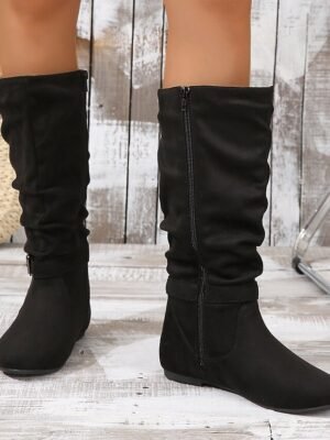 Casual Black Slouchy Buckle Mid-Calf Flat Heel Boots - Image 4
