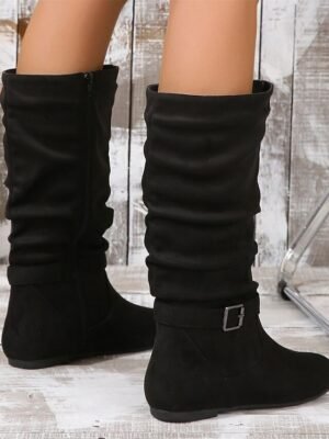 Casual Black Slouchy Buckle Mid-Calf Flat Heel Boots - Image 5