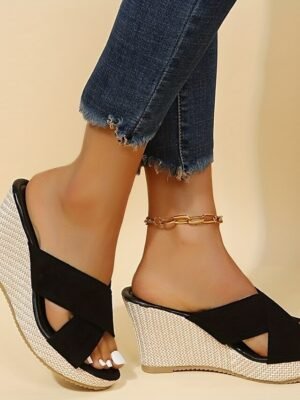 Casual Black Suede Open-Toe Slip-On Wedge Sandals - Image 2