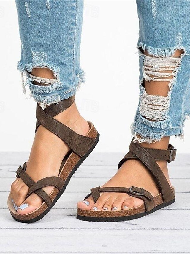 Casual Brown Strappy Flat Adjustable Sandals - Image 1