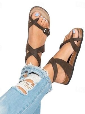 Casual Brown Strappy Flat Adjustable Sandals - Image 2