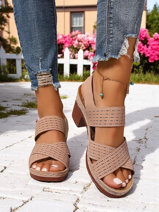 Casual Chunky Heel Faux Leather Adjustable Strap Sandals - Image 1