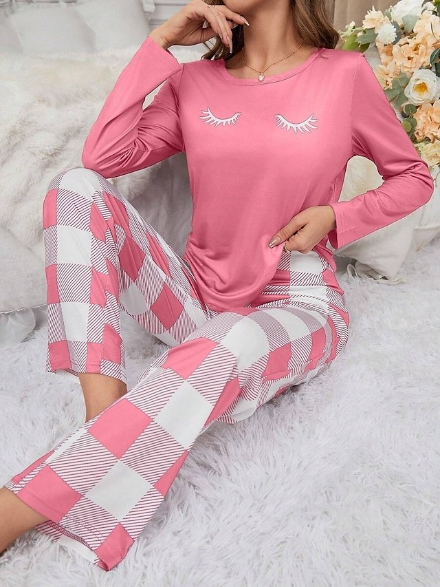 Casual Comfort Cartoon Plaid Crew Neck Long Sleeve Pajama Set - Image 1