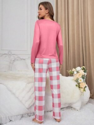 Casual Comfort Cartoon Plaid Crew Neck Long Sleeve Pajama Set - Image 2