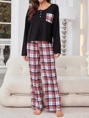 Casual Comfort Grid Crew Neck Long Sleeve Pajama Set - Image 1