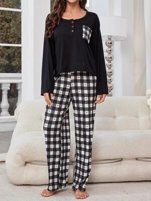Casual Comfort Grid Crew Neck Long Sleeve Pajama Set - Image 1