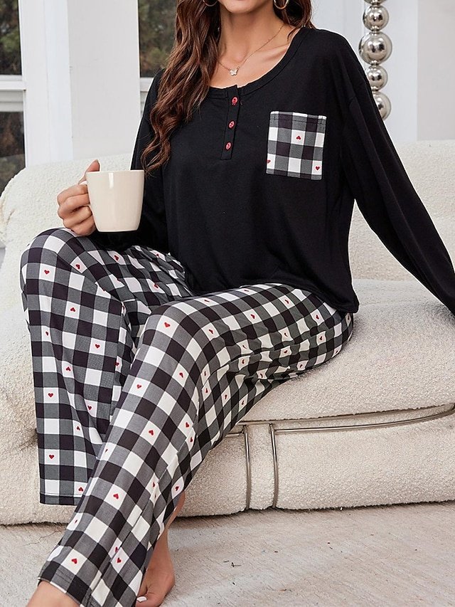 Casual Comfort Grid Crew Neck Long Sleeve Pajama Set - Image 2