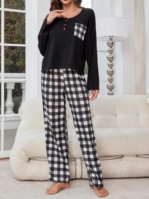 Casual Comfort Grid Crew Neck Long Sleeve Pajama Set - Image 3