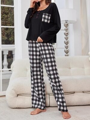 Casual Comfort Grid Crew Neck Long Sleeve Pajama Set - Image 5