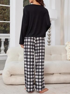 Casual Comfort Grid Crew Neck Long Sleeve Pajama Set - Image 6
