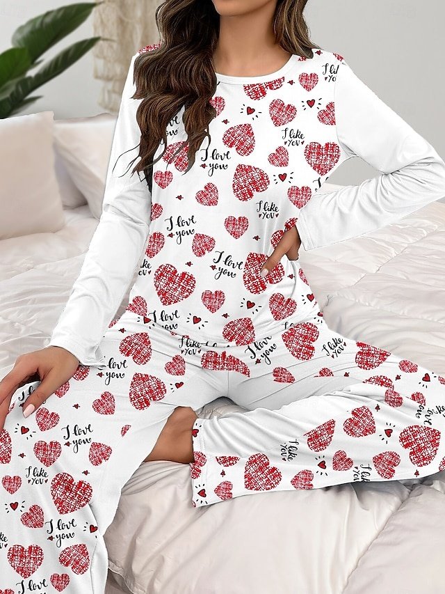 Casual Comfort Heart Crew Neck Long Sleeve Pajama Set - Image 1