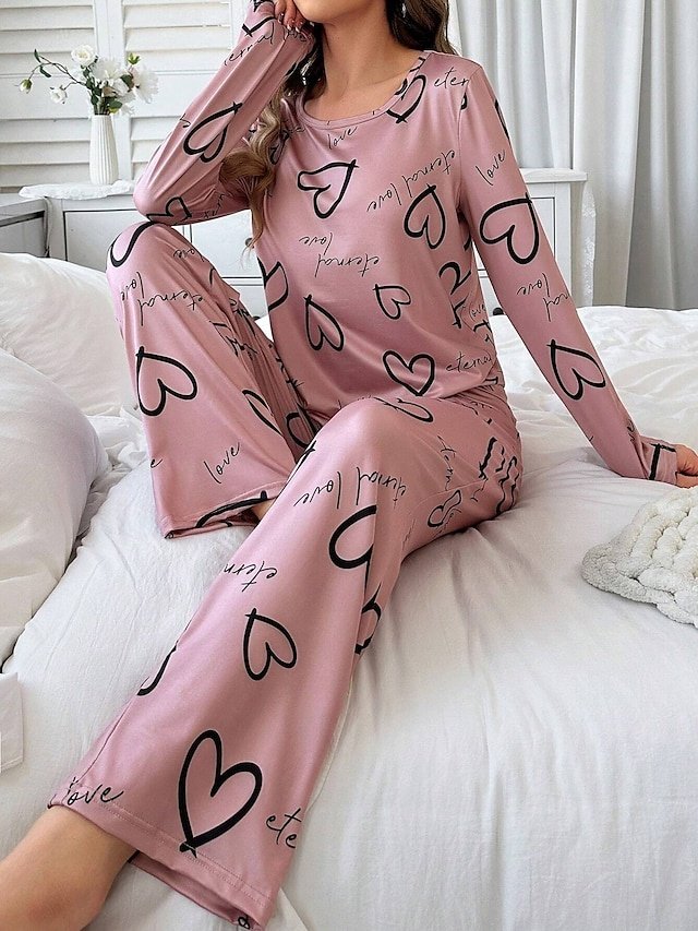 Casual Comfort Heart Crew Neck Long Sleeve Pajama Set - Image 1