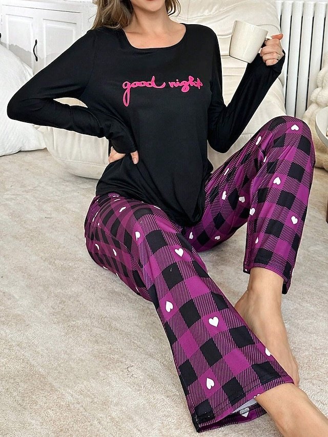 Casual Comfort Heart Crew Neck Long Sleeve Pajama Set - Image 1