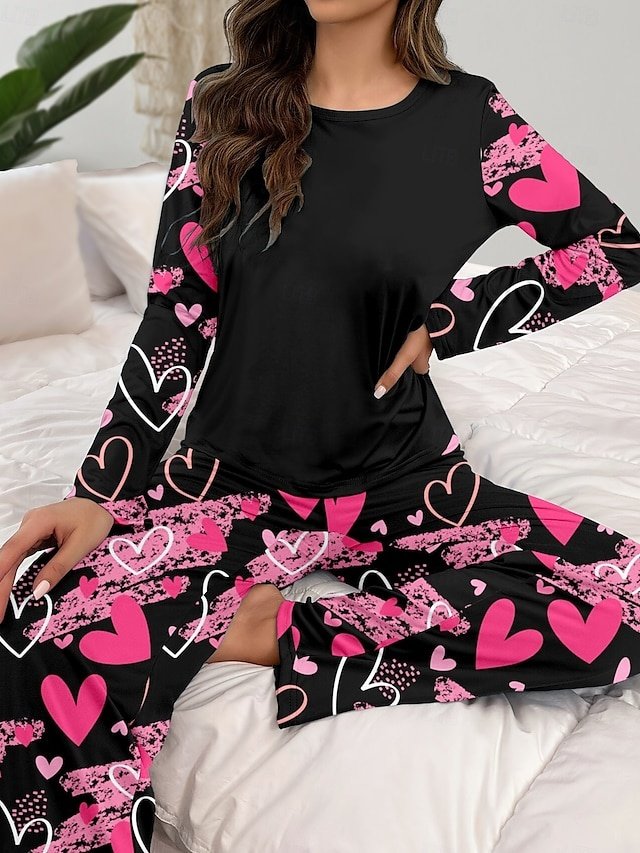 Casual Comfort Heart Crew Neck Long Sleeve Pajama Set - Image 1