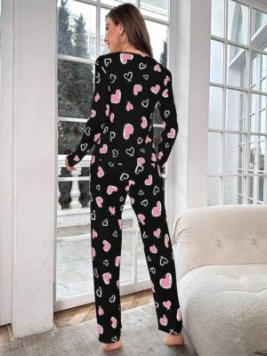 Casual Comfort Heart Crew Neck Long Sleeve Pajama Set - Image 2