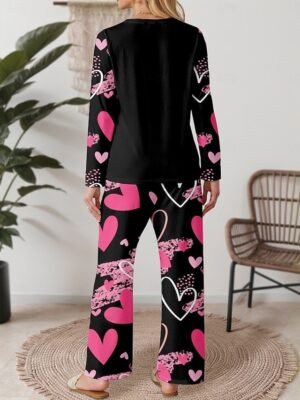 Casual Comfort Heart Crew Neck Long Sleeve Pajama Set - Image 2