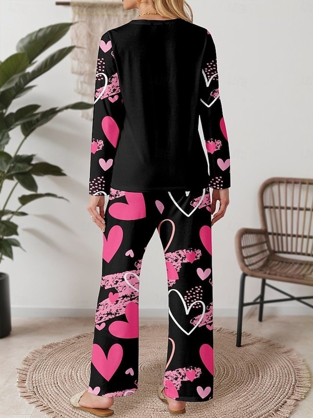 Casual Comfort Heart Crew Neck Long Sleeve Pajama Set - Image 2