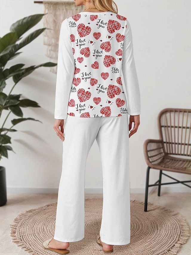 Casual Comfort Heart Crew Neck Long Sleeve Pajama Set - Image 2